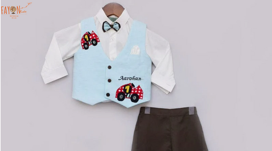 Blue Car Print Waist Coat with White Shirt Brown Pant for Boys