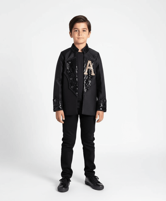 Luxe Black Embroidered Coat & Denim Set for Boys