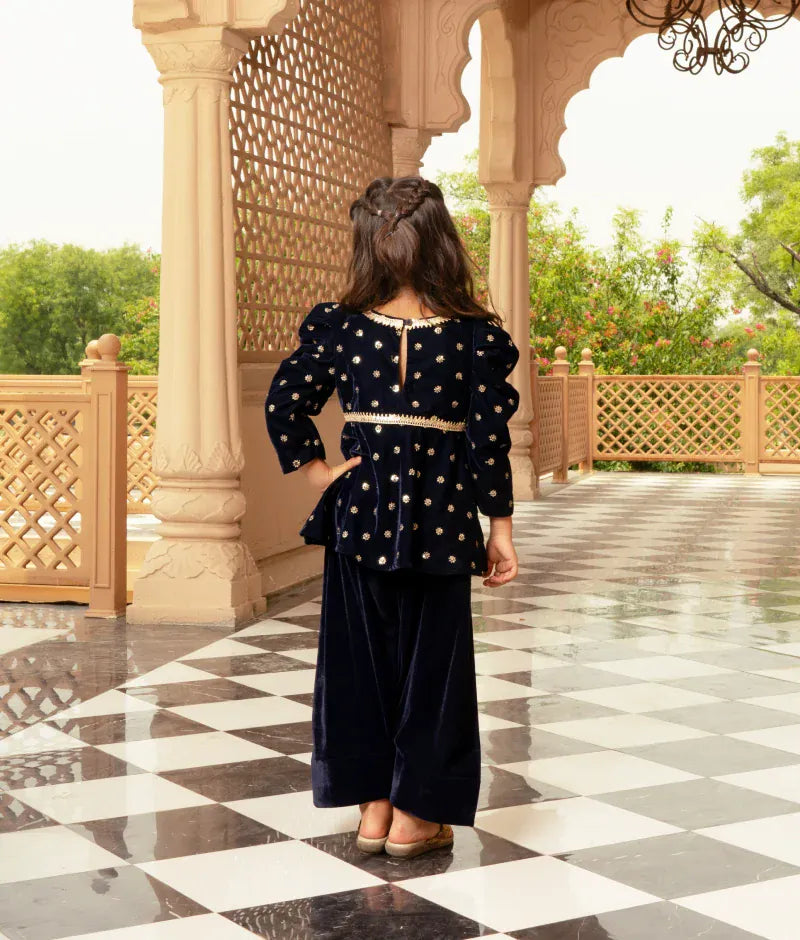 Luxe Blue Boti Velvet Kurti Salwar Set