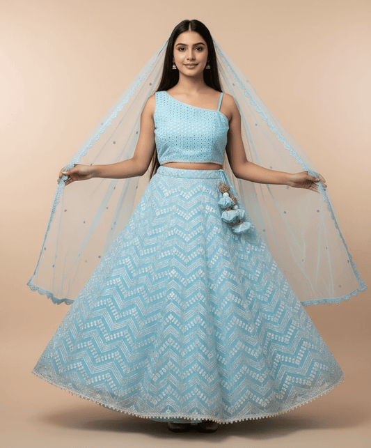 Luxe Blue Faux Mirror Embroidered Lehenga Choli