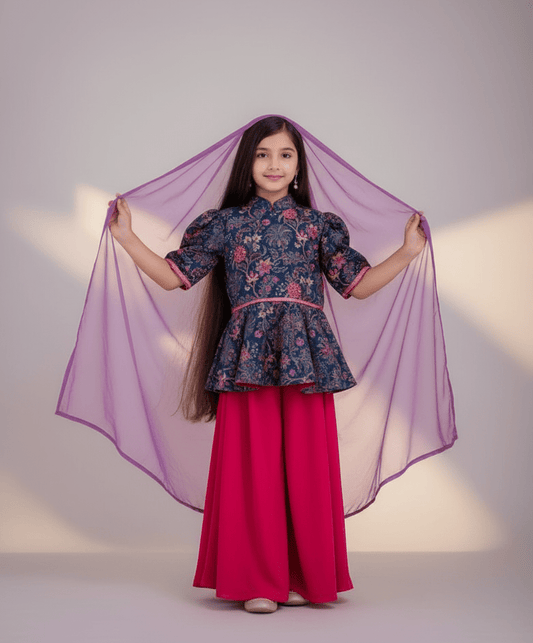 Luxe Blue Velvet Printed Peplum Top with Plazzo