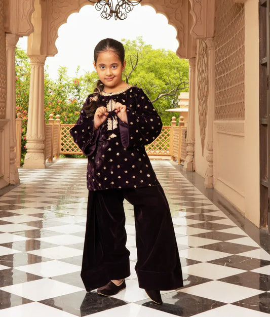 Luxe Burgundy Boti Velvet Kurti Salwar Set