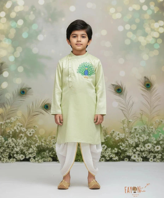 Luxe Green Kurta with Peacock Motif Dhoti for Boys