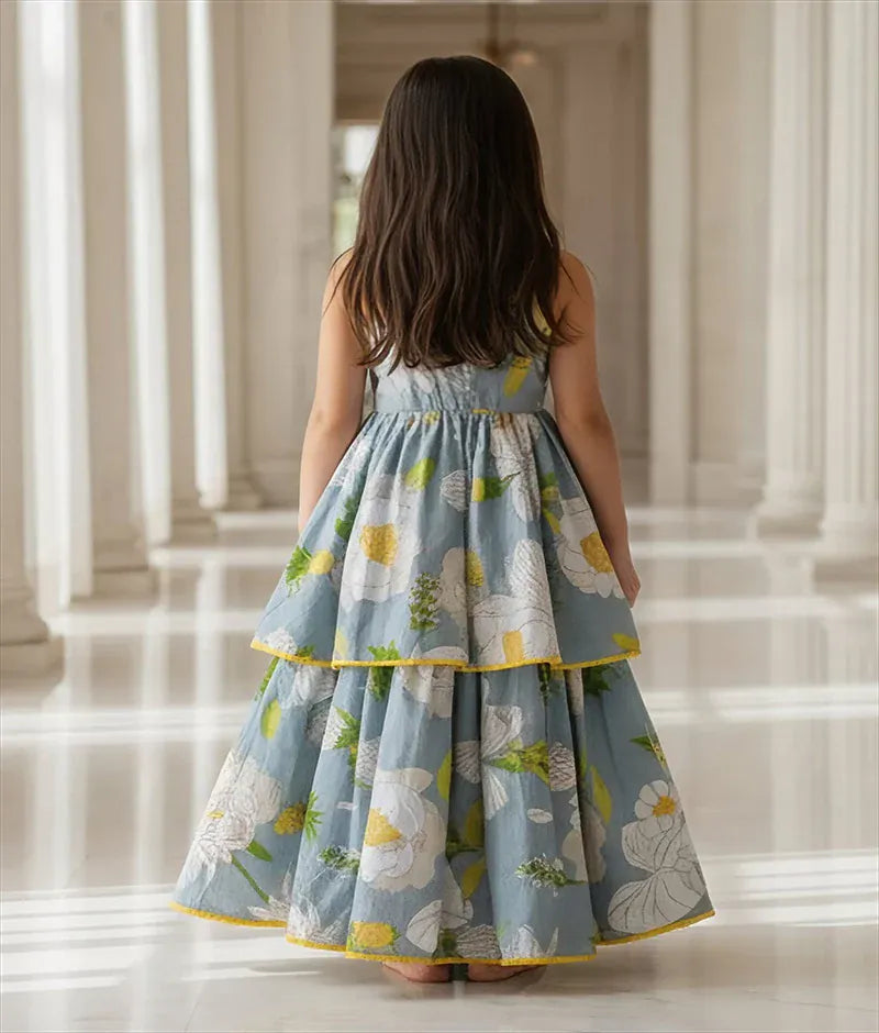 Luxe Light Blue Printed Peplum Top with Lehenga