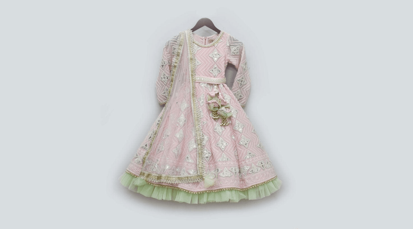 Luxe Pink Gota Green Net Frill Embroidery Anarkali with Net Dupatta for Girls