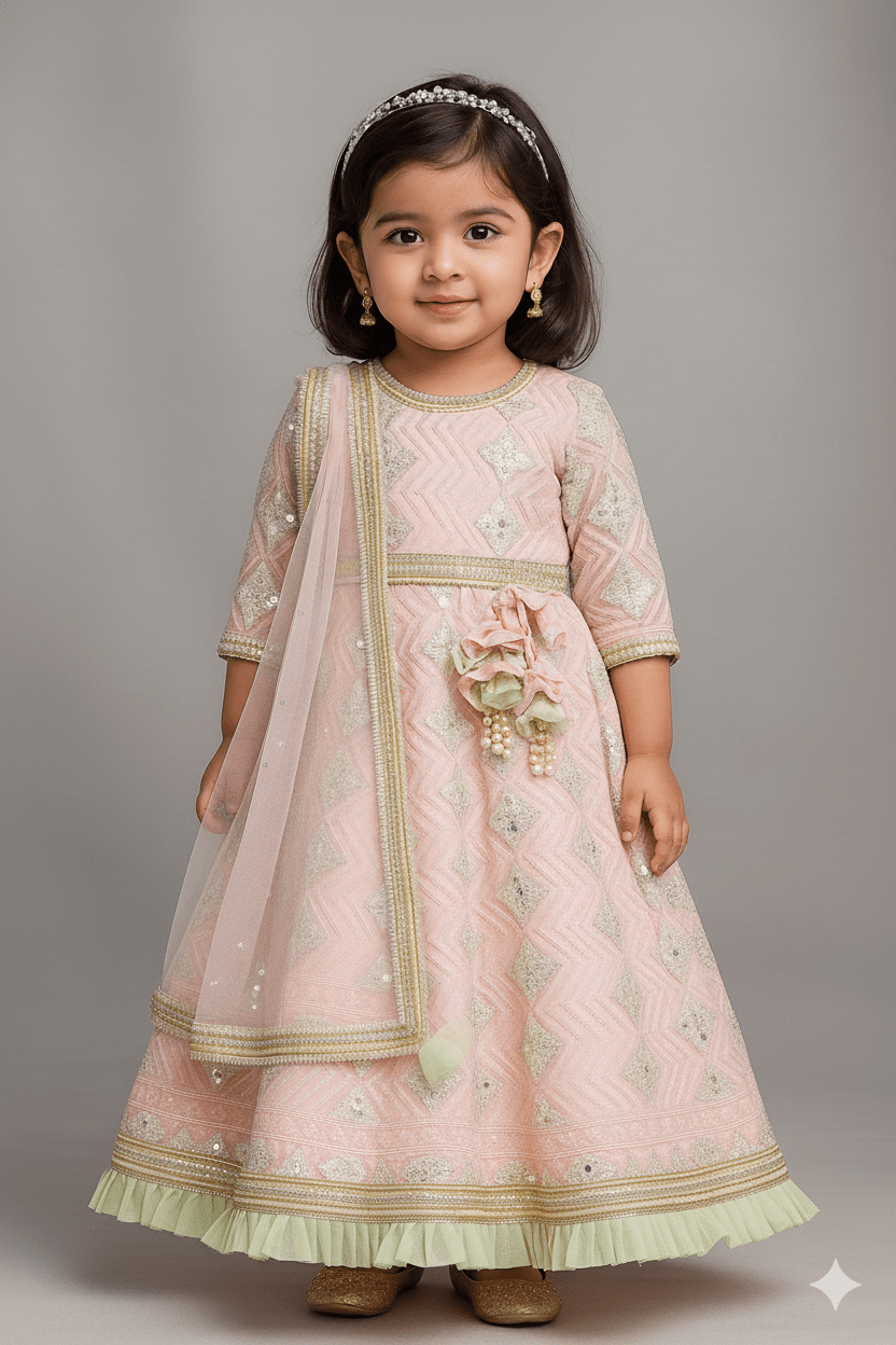 Luxe Pink Gota Green Net Frill Embroidery Anarkali with Net Dupatta for Girls