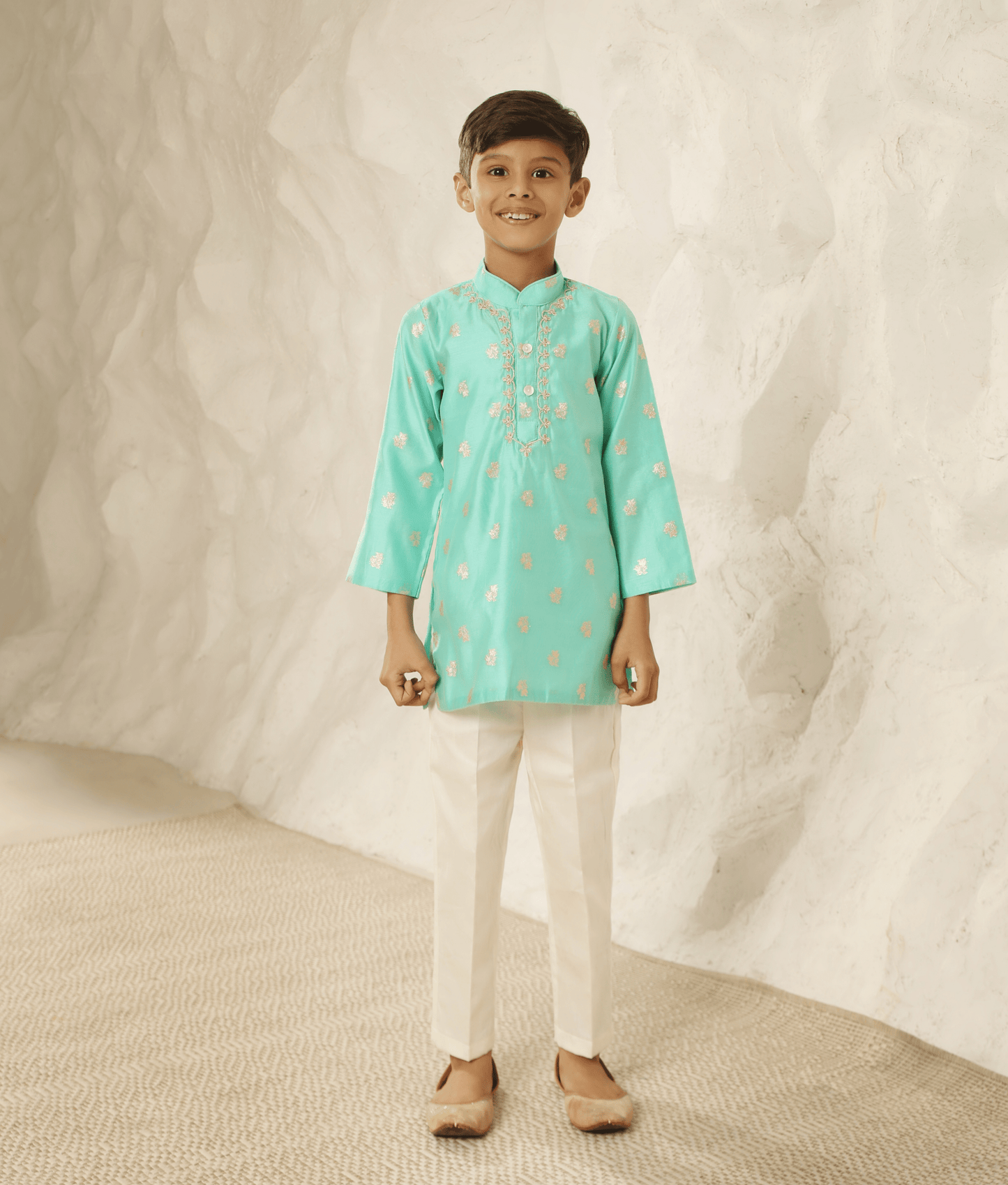 Manufactured by FAYON KIDS (Noida, U.P) Aqua Chanderi Kurta with Pant for Boys