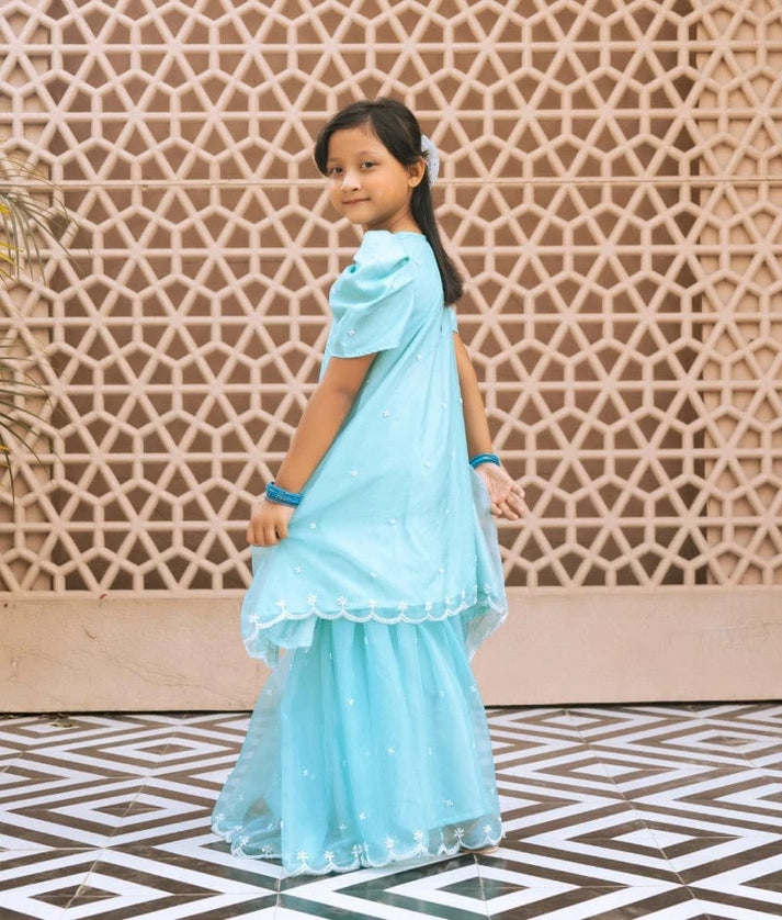 Aqua Embroidered Organza Kurti Sharara