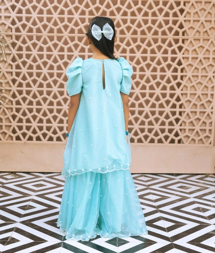 Aqua Embroidered Organza Kurti Sharara