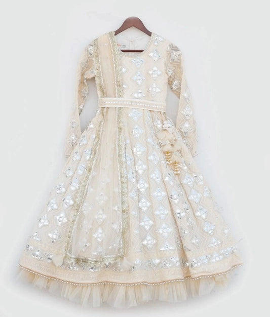 Manufactured by FAYON KIDS (Noida, U.P) Beige Gota Embroidered Anarkali Set