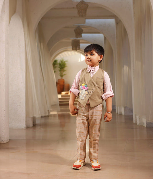 Manufactured by FAYON KIDS (Noida, U.P) Beige Waist Coat with Shirt and Pant for Boys