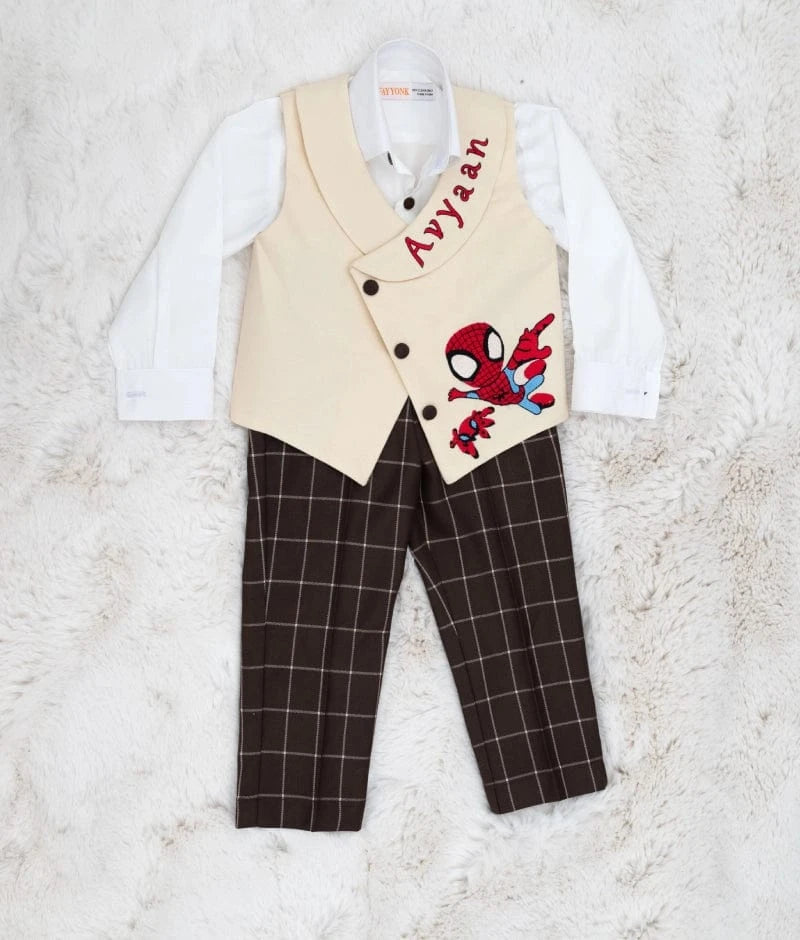 Manufactured by FAYON KIDS (Noida, U.P) Beige Waistcoat with Custom Initials & Spidey Vibes!