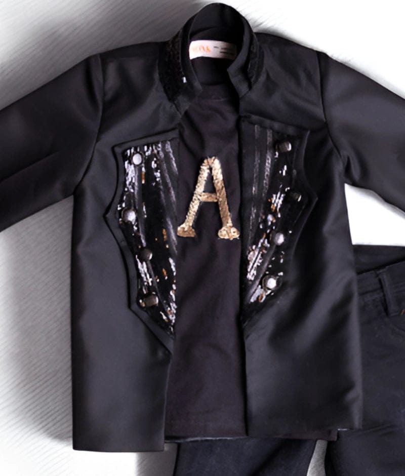 Manufactured by FAYON KIDS (Noida, U.P) Black Embroidered Coat & Denim Set for Boys