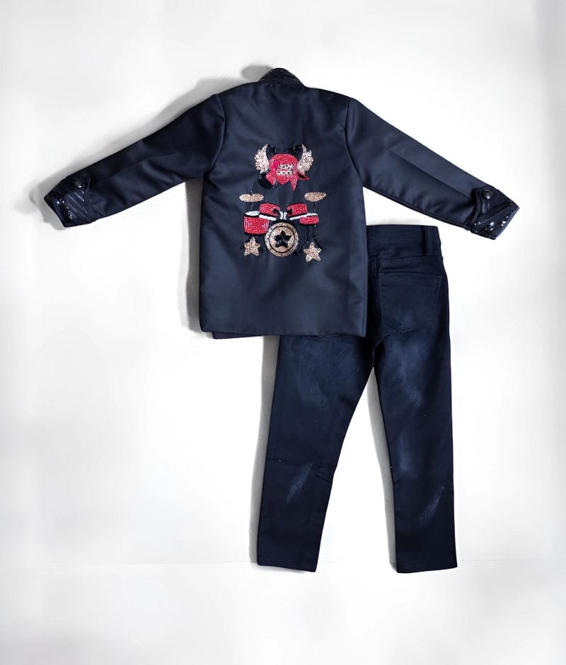 Manufactured by FAYON KIDS (Noida, U.P) Black Embroidered Coat & Denim Set for Boys