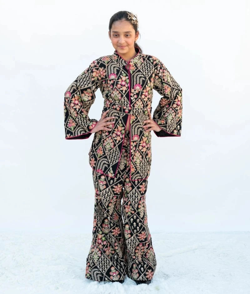 Manufactured by FAYON KIDS (Noida, U.P) Black Embroidered Jacket & Pant Set