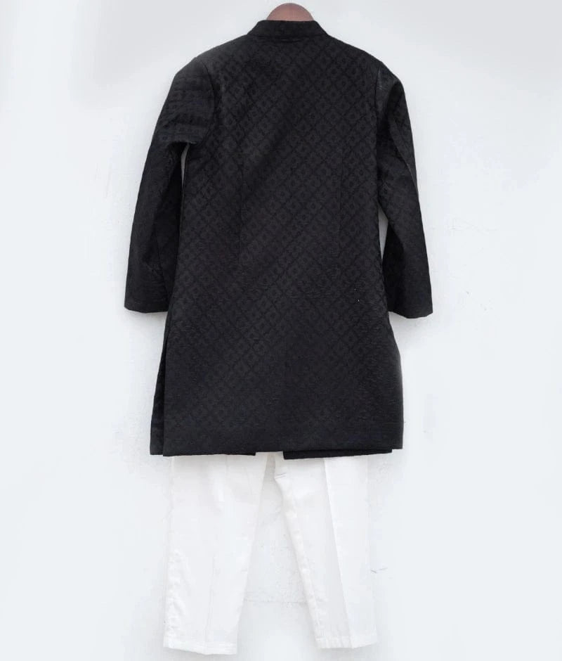 Manufactured by FAYON KIDS (Noida, U.P) Black Self Brocade Sherwani with White Pant