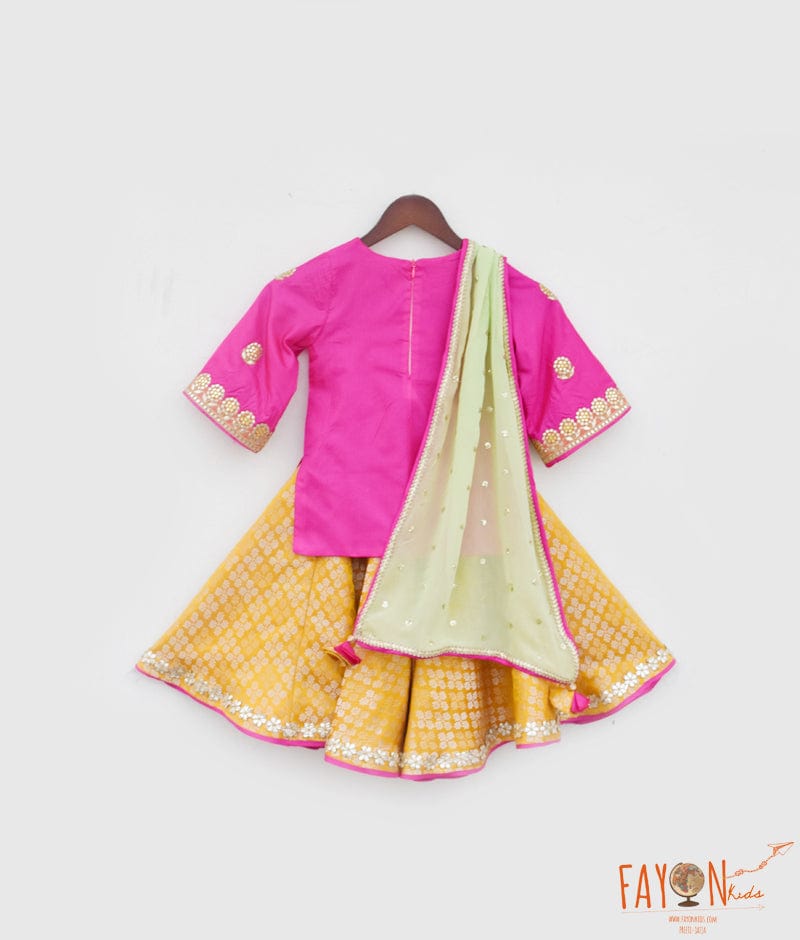 Manufactured by FAYON KIDS (Noida, U.P) Blissful Blooms: Pink Kurti with Yellow Brocade Sharara