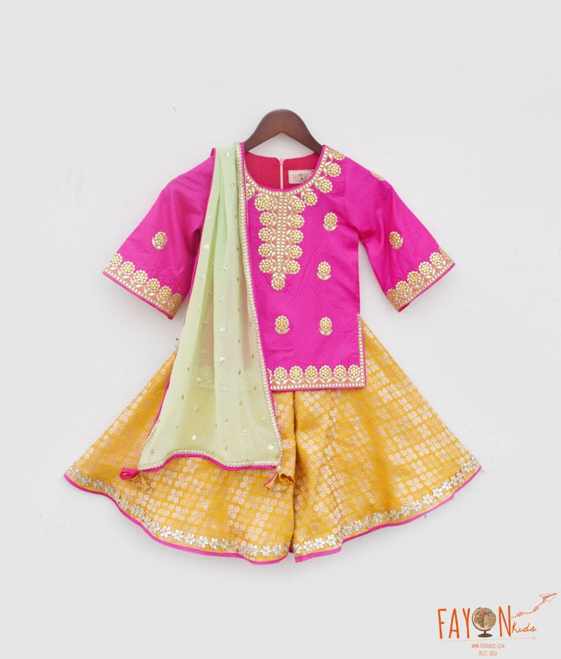 Manufactured by FAYON KIDS (Noida, U.P) Blissful Blooms: Pink Kurti with Yellow Brocade Sharara