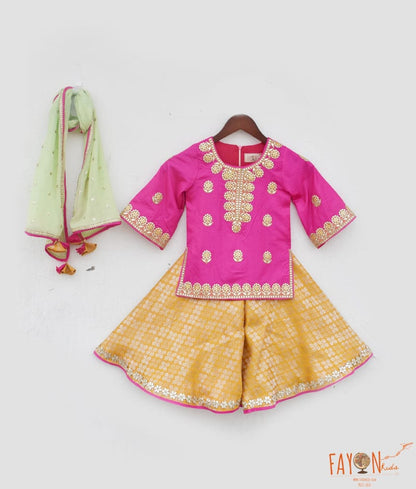 Manufactured by FAYON KIDS (Noida, U.P) Blissful Blooms: Pink Kurti with Yellow Brocade Sharara