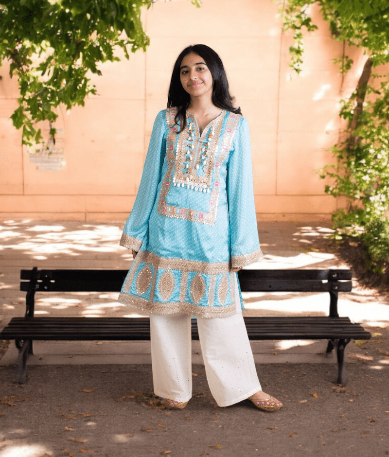 Manufactured by FAYON KIDS (Noida, U.P) Blue Bandhej Kurti Set for Girls