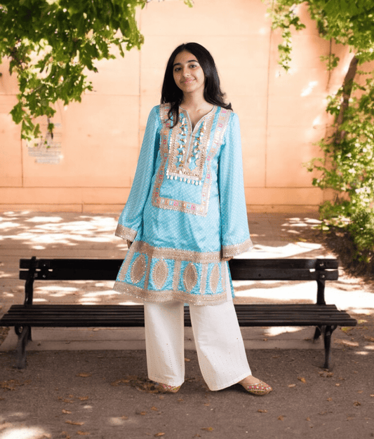 Manufactured by FAYON KIDS (Noida, U.P) Blue Bandhej Kurti Set for Girls