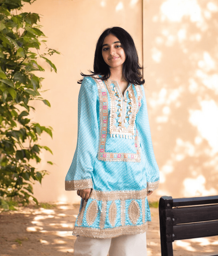 Manufactured by FAYON KIDS (Noida, U.P) Blue Bandhej Kurti Set for Girls