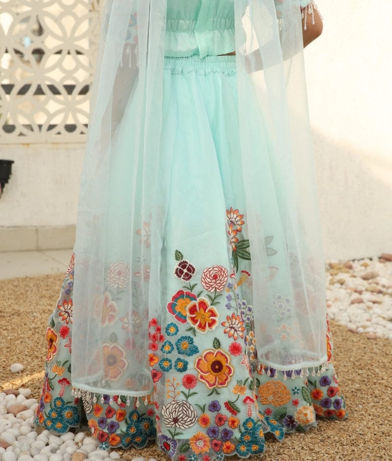 Manufactured by FAYON KIDS (Noida, U.P) Blue Blossom Embroidered Lehenga Set