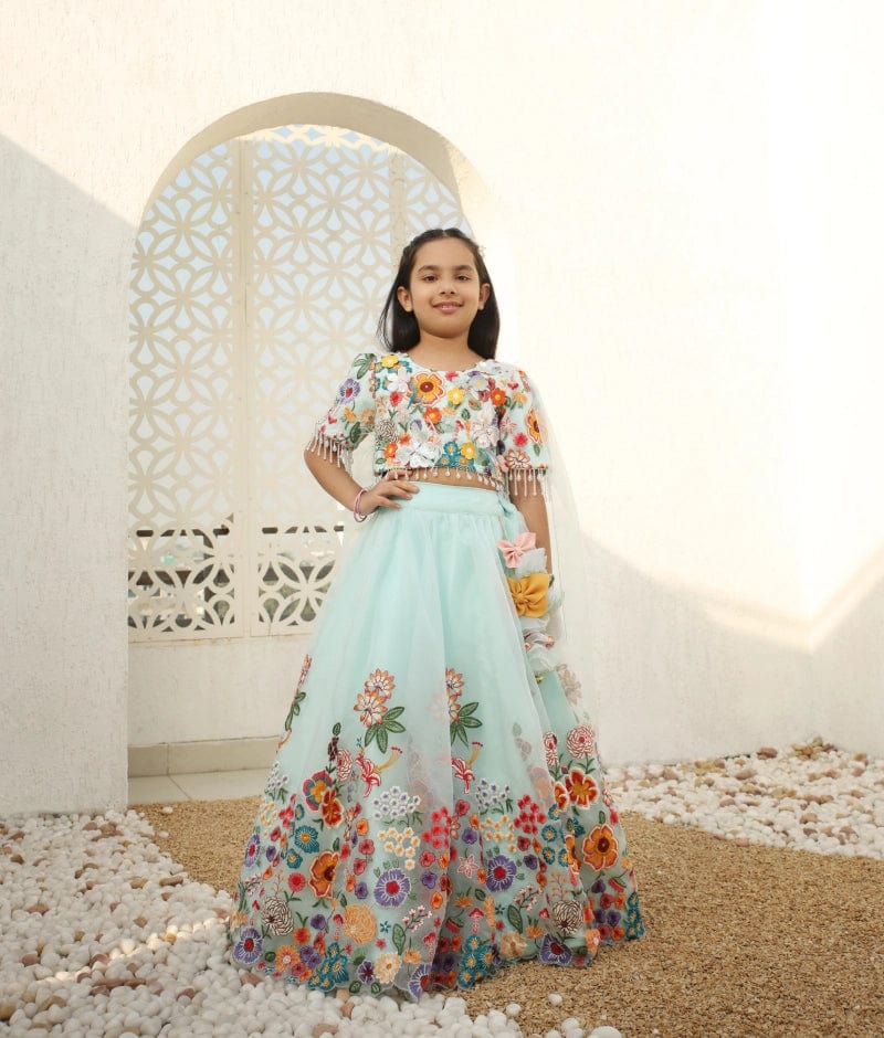 Manufactured by FAYON KIDS (Noida, U.P) Blue Blossom Embroidered Lehenga Set