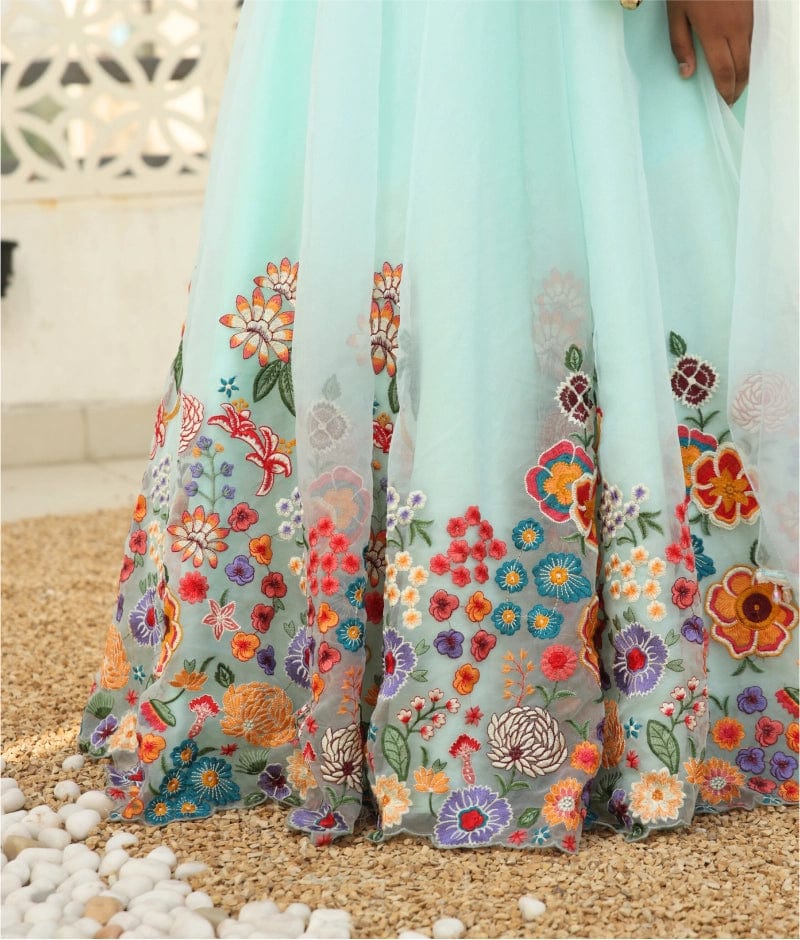 Manufactured by FAYON KIDS (Noida, U.P) Blue Blossom Embroidered Lehenga Set