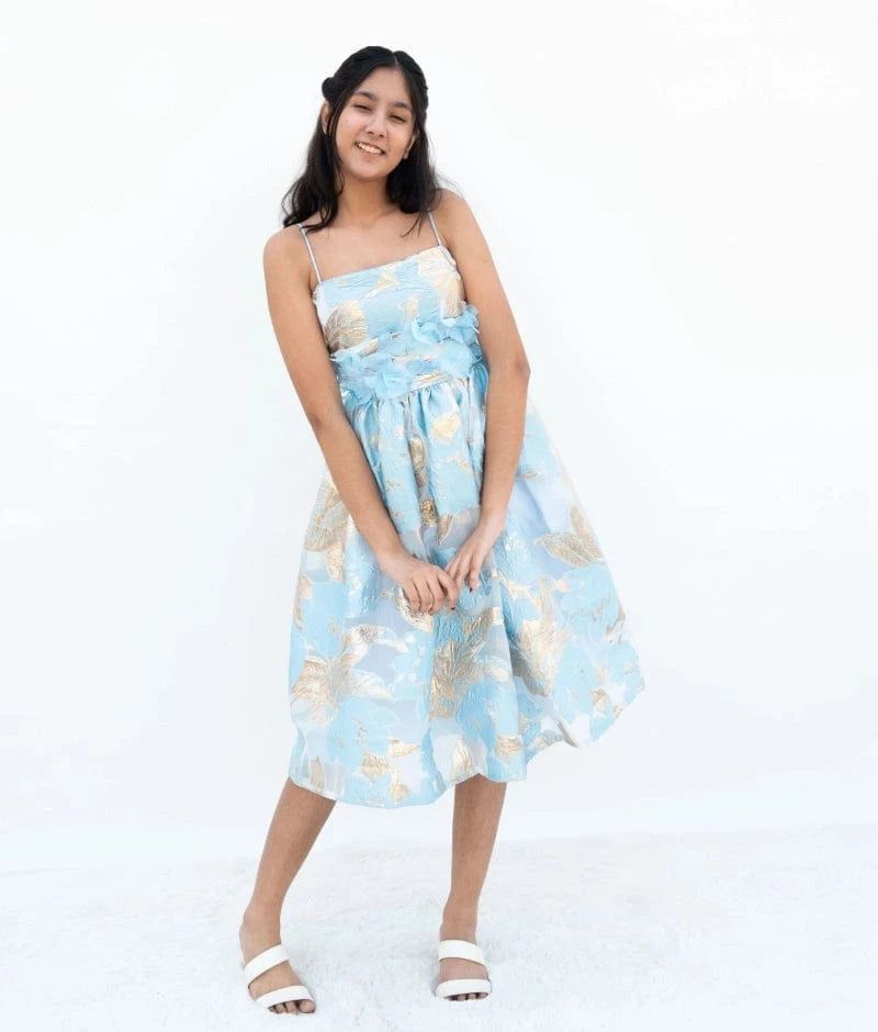 Manufactured by FAYON KIDS (Noida, U.P) Blue Brocade Dress for Girls