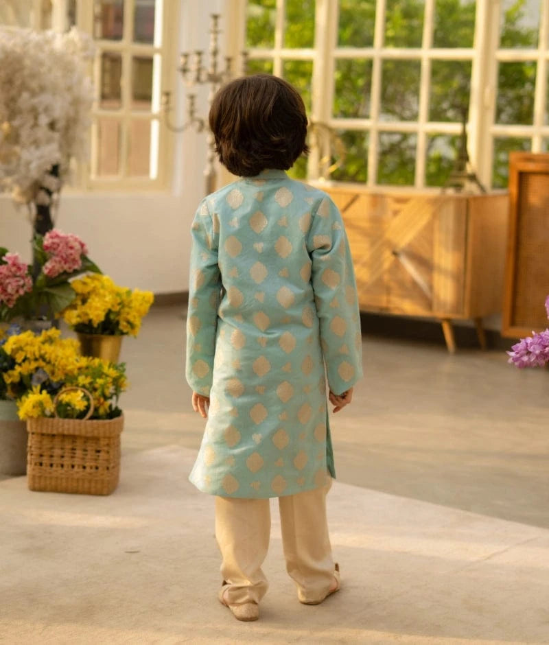 Manufactured by FAYON KIDS (Noida, U.P) Blue Brocade Kurta with Pant set
