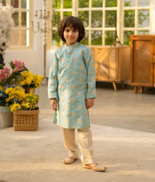 Manufactured by FAYON KIDS (Noida, U.P) Blue Brocade Kurta with Pant set