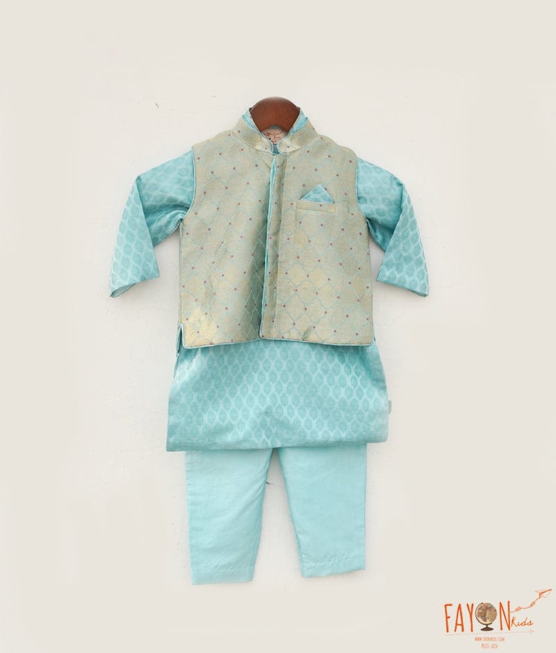 Manufactured by FAYON KIDS (Noida, U.P) Blue Brocade Nehru Jacket Set