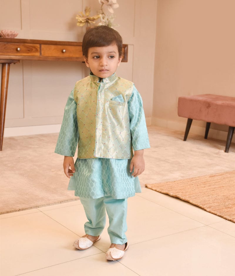 Manufactured by FAYON KIDS (Noida, U.P) Blue Brocade Nehru Jacket Set