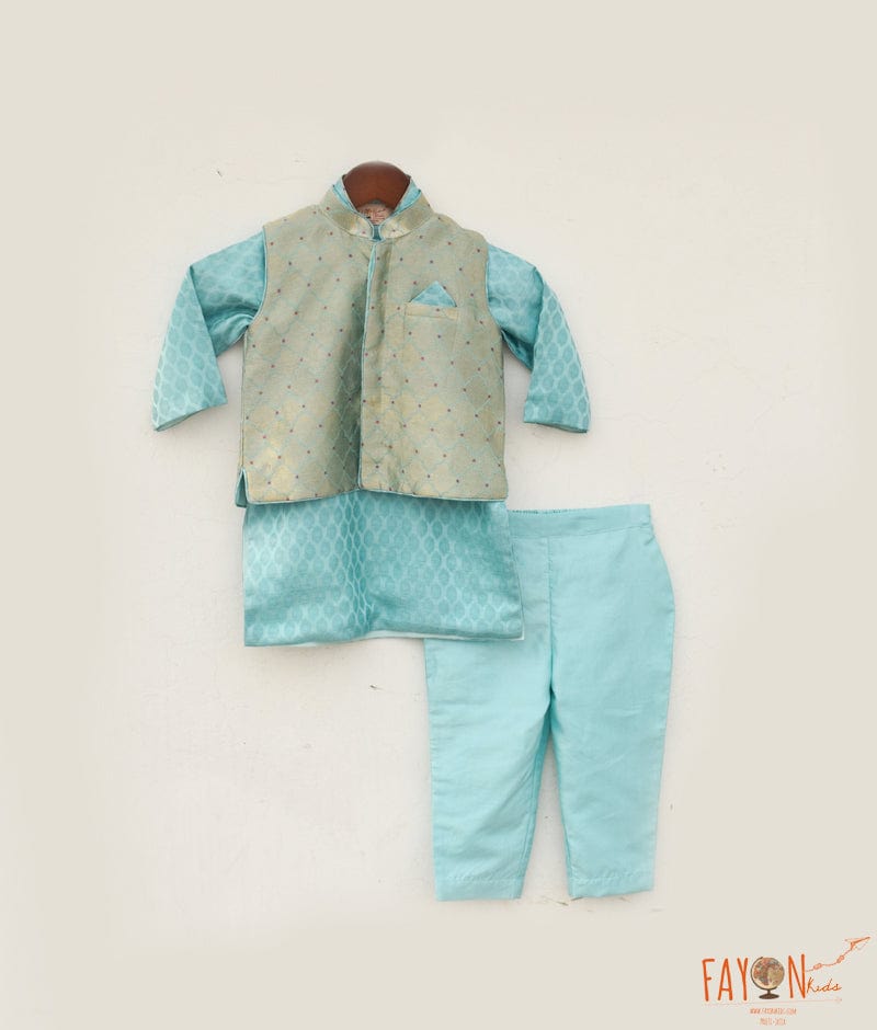 Blue Brocade Nehru Jacket Set