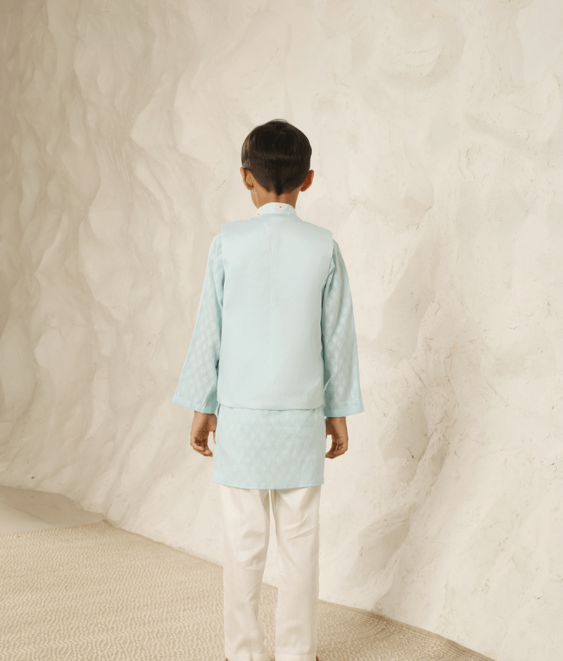Manufactured by FAYON KIDS (Noida, U.P) Blue Embroidered Jacket with Kurta and Pant for Boys
