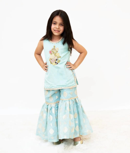 Manufactured by FAYON KIDS (Noida, U.P) Blue Embroidered Kurti Sharara Set