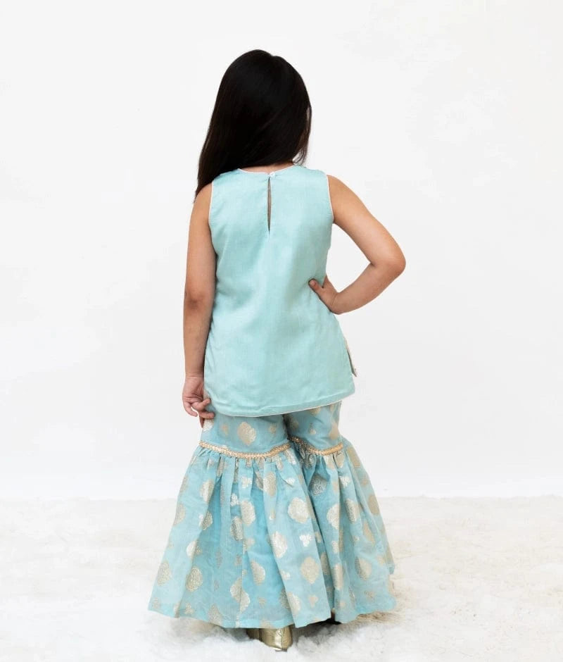 Manufactured by FAYON KIDS (Noida, U.P) Blue Embroidered Kurti Sharara Set