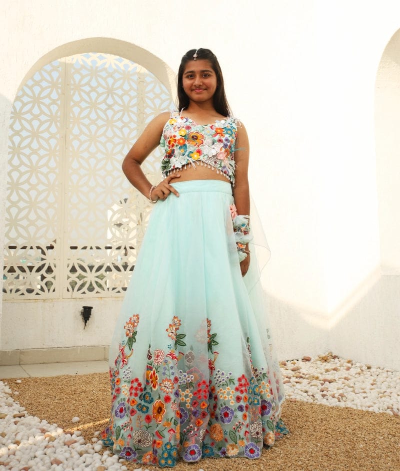 Manufactured by FAYON KIDS (Noida, U.P) Blue Embroidered Lehenga Choli Set