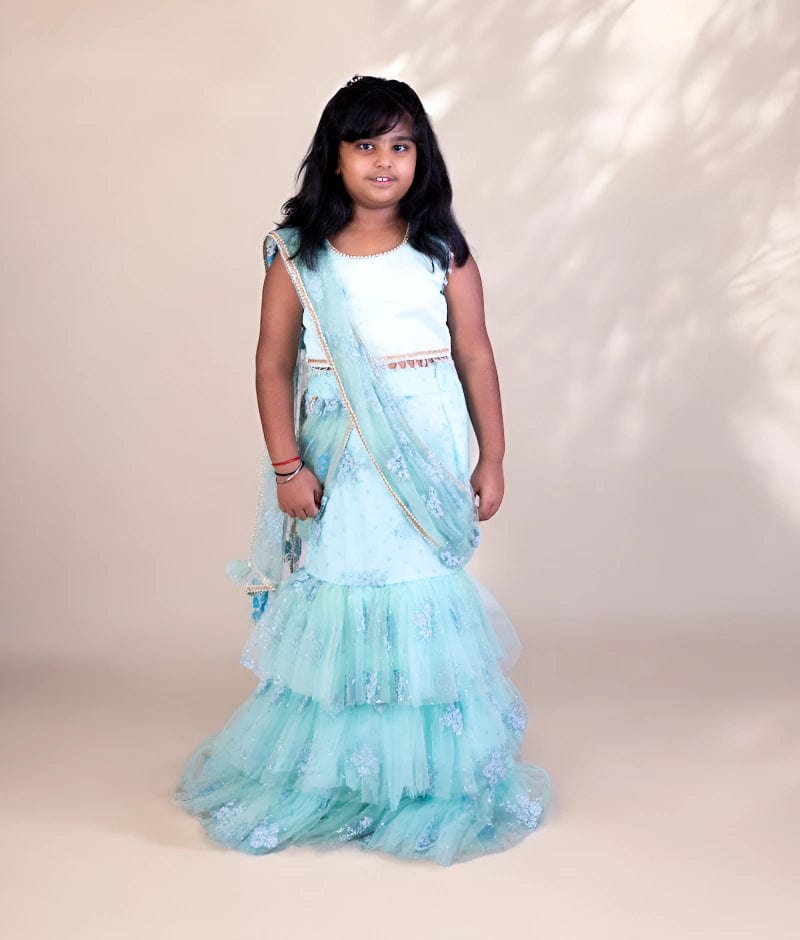 Manufactured by FAYON KIDS (Noida, U.P) Blue Embroidered Lehenga Saree