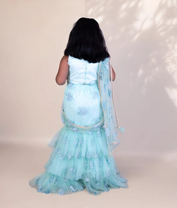 Manufactured by FAYON KIDS (Noida, U.P) Blue Embroidered Lehenga Saree