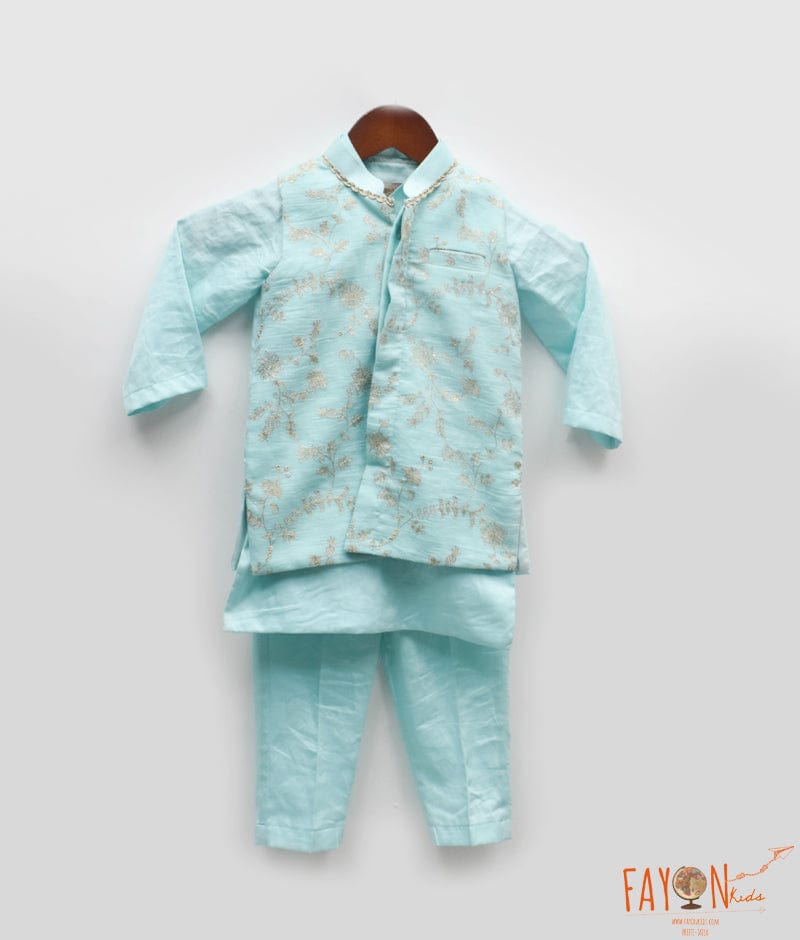 Manufactured by FAYON KIDS (Noida, U.P) Blue Embroidered Nehru Jacket Set