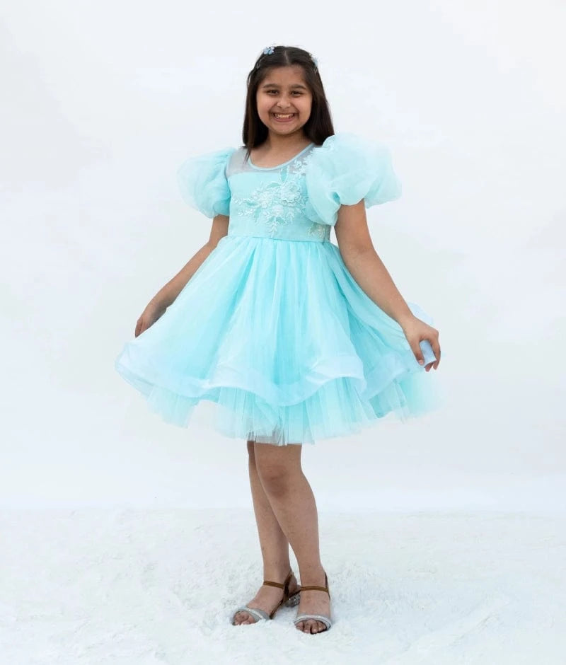 Manufactured by FAYON KIDS (Noida, U.P) Blue Embroidered Organza Frock