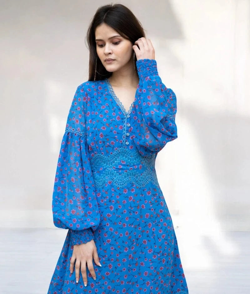 Manufactured by FAYON KIDS (Noida, U.P) Blue Georgette Printed Dress – Effortless Elegance for Summer