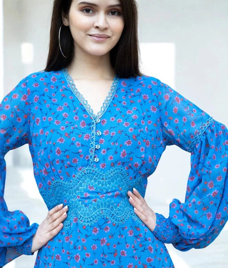 Manufactured by FAYON KIDS (Noida, U.P) Blue Georgette Printed Dress – Effortless Elegance for Summer