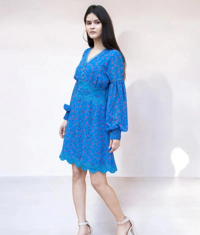 Manufactured by FAYON KIDS (Noida, U.P) Blue Georgette Printed Dress – Effortless Elegance for Summer