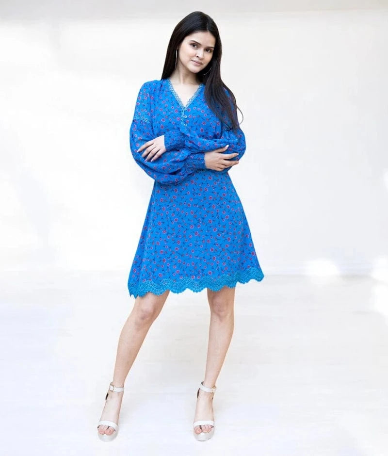 Manufactured by FAYON KIDS (Noida, U.P) Blue Georgette Printed Dress – Effortless Elegance for Summer