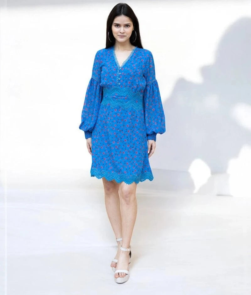 Manufactured by FAYON KIDS (Noida, U.P) Blue Georgette Printed Dress – Effortless Elegance for Summer