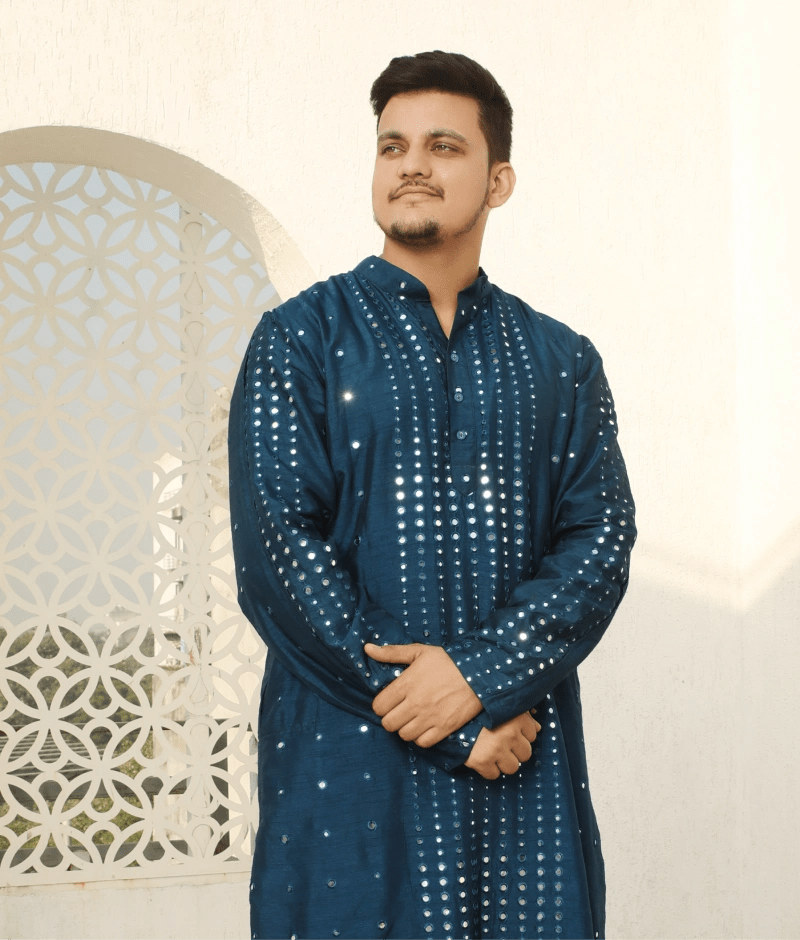 Manufactured by FAYON KIDS (Noida, U.P) Blue Mirror Embroidered Kurta Set