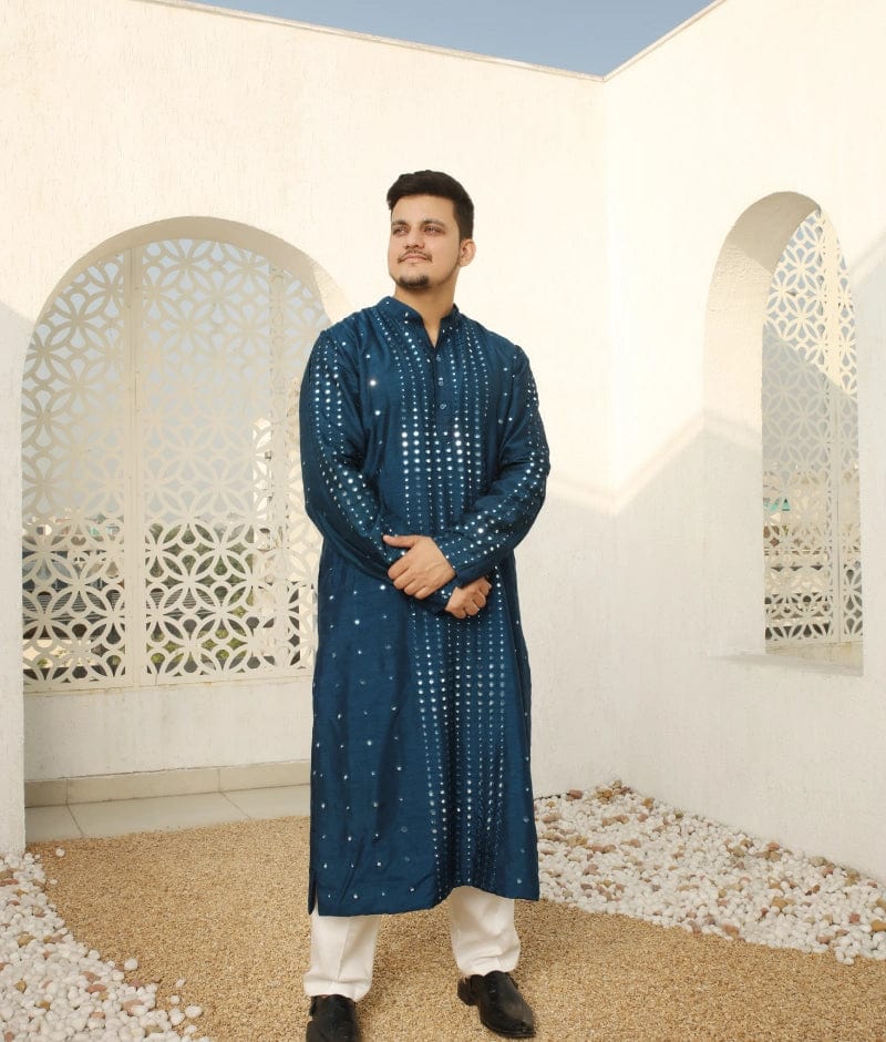 Manufactured by FAYON KIDS (Noida, U.P) Blue Mirror Embroidered Kurta Set